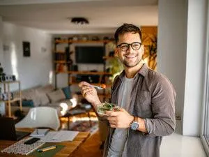 trendy man glasses healthy lunch