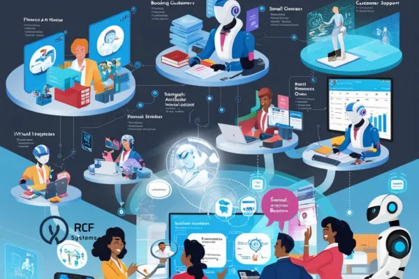 A vibrant small business setting where AI is seamlessly integrated into various operations. In the background, there are multiple AI interfaces actively handling tasks like finance, booking customers, and customer support. The business owners, now free from these routine tasks, are seen engaging in dynamic strategic planning and growth activities. The scene features interactive AI displays, holograms, real-time data projections, touchscreens, holographic interfaces, virtual assistants interacting with the business owners, and AI robots providing physical assistance. The environment reflects a lively and collaborative atmosphere, showcasing the harmonious blend of advanced technology and human creativity.