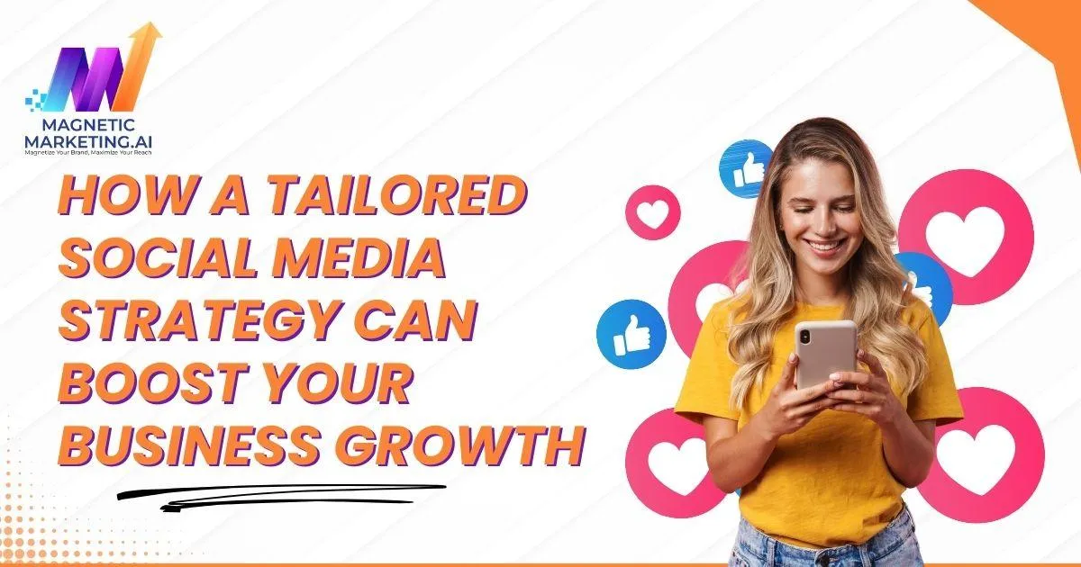 Business owner analyzing social media strategy on laptop with performance graphs, icons of Facebook, Instagram, and LinkedIn floating around — representing tailored digital marketing growth.