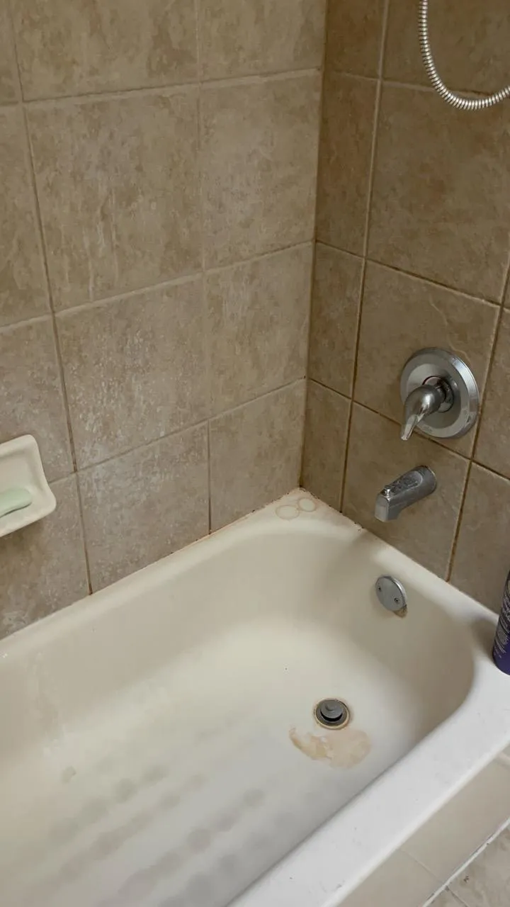Dirty bathtub in a Joliet house before cleaning, with visible stains and soap residue.