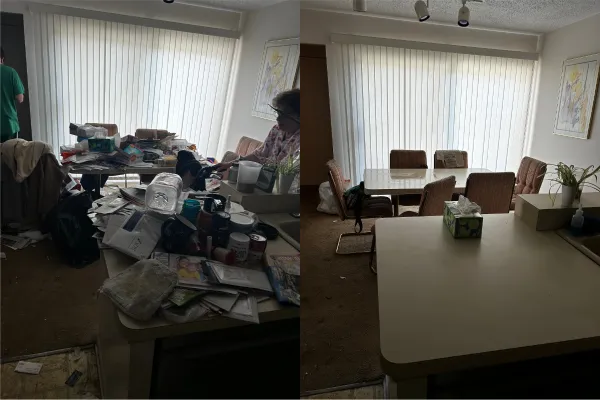 Before and after hoarding cleanup in Detroit home — HazWash™ restores safe, clean living spaces.