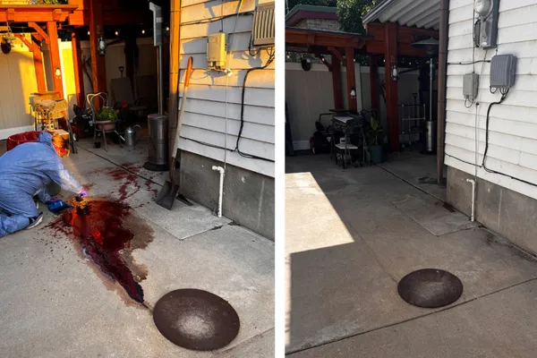 HazWash™ technician performing certified trauma cleanup with PPE and disinfectants in Detroit