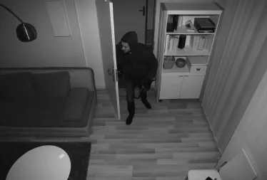 A home burglar creeps through a doorway