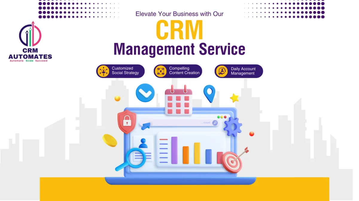 RM management service dashboard with analytics, calendar, security, and growth icons, representing automated customer relationship management for business growth.