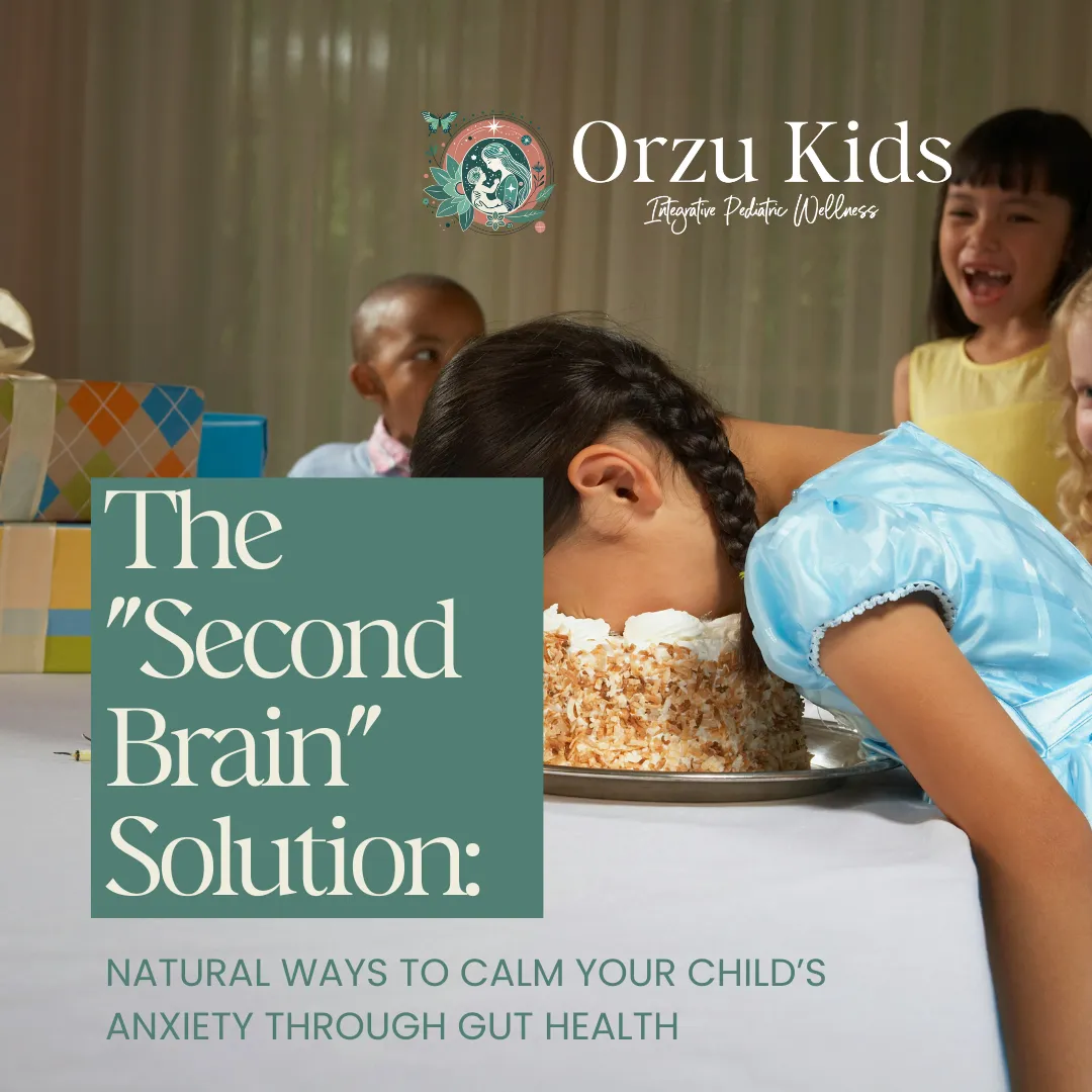 Child with face in a cake at a party, overlaid with the text: The "Second Brain" Solution: Natural Ways to Calm Your Child’s Anxiety Through Gut Health.