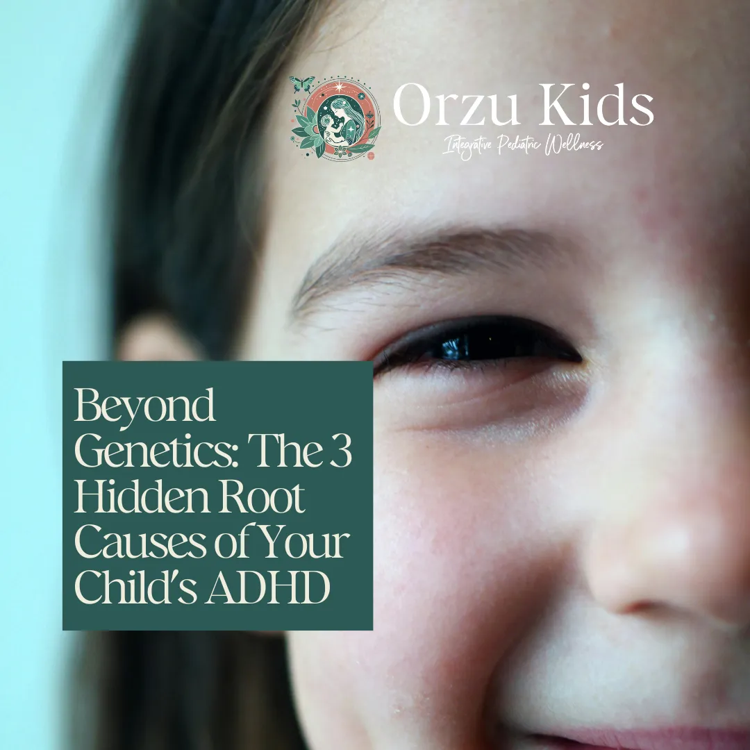 Close-up of a smiling child's eye and nose, overlaid with the text: Beyond Genetics: The 3 Hidden Root Causes of Your Child's ADHD.