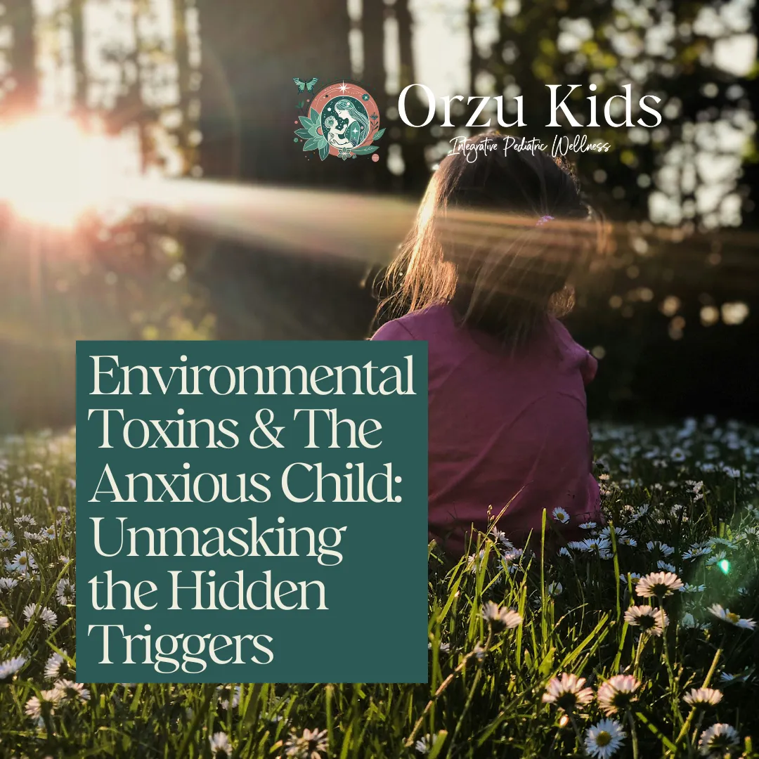 Image of a child in a straw hat sitting in a wicker chair outdoors, looking up, with the overlaid text: Why We Ask So Many Questions: Your Child’s Full Story is Our Best Clue.