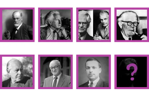 image shows portraits of seven influential child development theorists and one questionmark