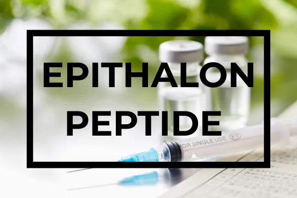 A photo of two peptide vials and a syringe with "Epithalon Peptide" text. 
