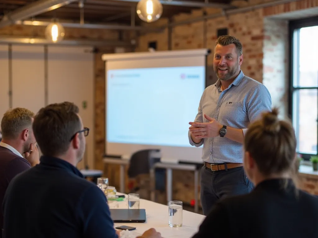 Vitaliteitkundige Igor Gootjes geeft een vitaliteitstraining aan een groep medewerkers