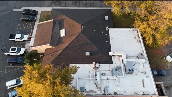 Aerial view of commercial roof replacement in Provo, Utah.