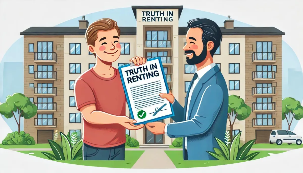 Illustration of a landlord handing a 'Truth in Renting' document to a smiling tenant in front of an apartment building, symbolizing compliance with rental regulations and a positive landlord-tenant relationship, with a welcoming environment featuring greenery and a sunny day.