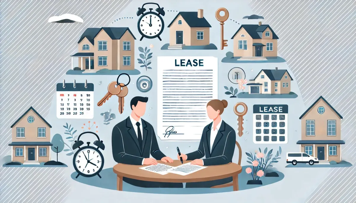 A landlord and tenant sit at a table reviewing a lease agreement. Surrounding them are icons representing property management elements, such as a house, a key, a calendar, and legal scales. The background shows an apartment building and a suburban house, symbolizing different types of rental properties.