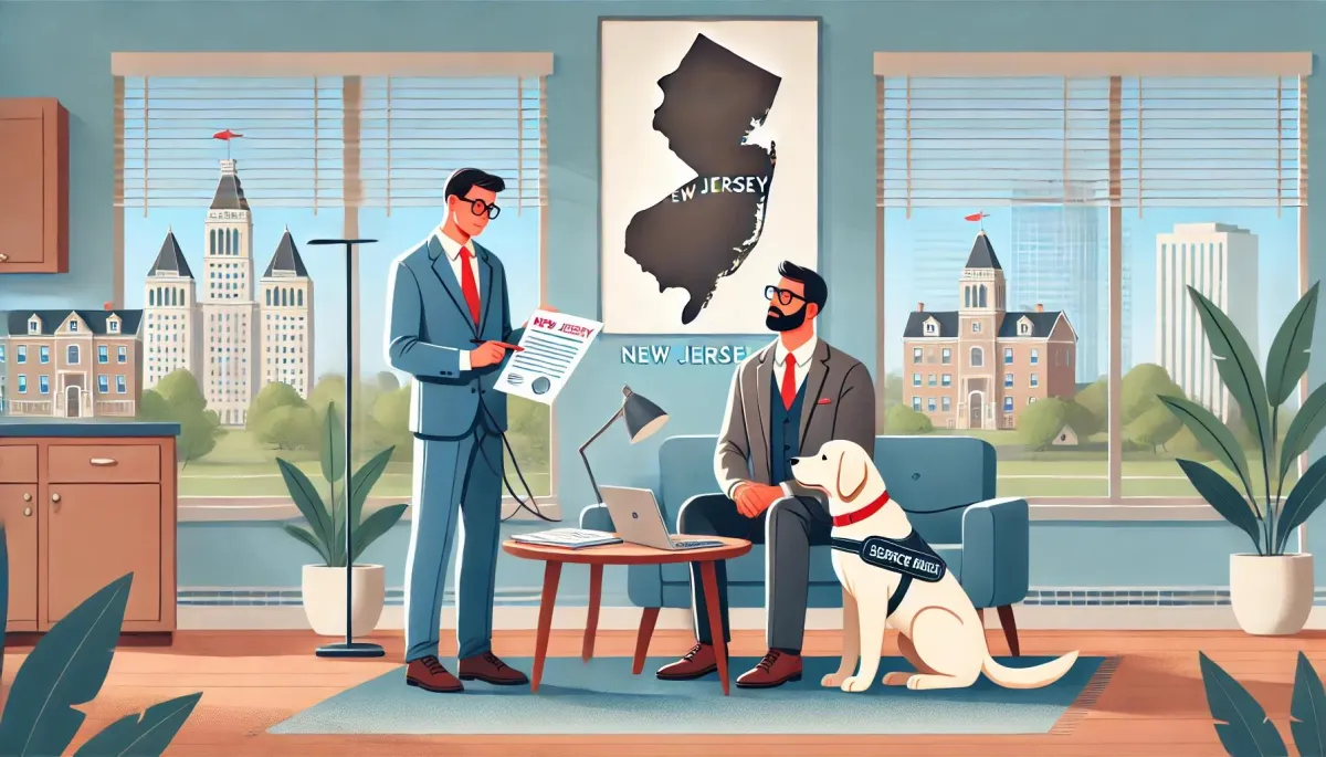 A New Jersey landlord and property manager are seated in a modern office, discussing tenant rights related to service animals or emotional support animals. A service dog sits calmly beside a tenant in the background. The environment appears professional, with documents on the table and a New Jersey state map on the wall, emphasizing legal compliance and tenant accommodations.
