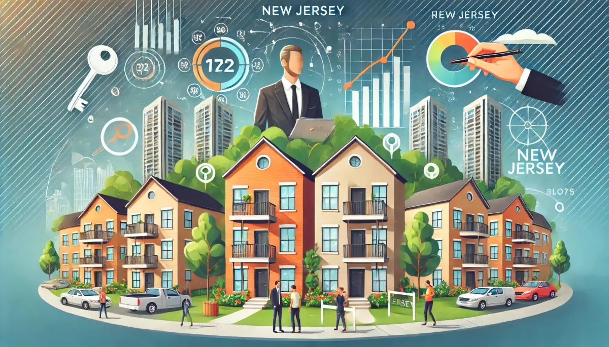 Illustration of New Jersey housing trends showing an urban neighborhood with modern apartments, a professional investor reviewing documents, and a family moving into a rental home, symbolizing rental market dynamics.
