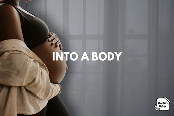 side photo of a black woman with exposed pregnancy stomach and the words overlayed over the image with "Into the body"