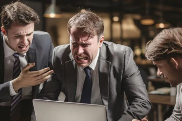 Unhappy business meeting with 3 men crying and fighting over a laptop