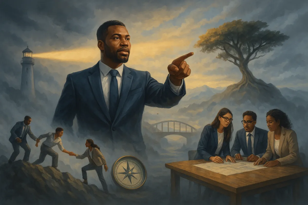 a diverse, confident leader guiding a team through challenges