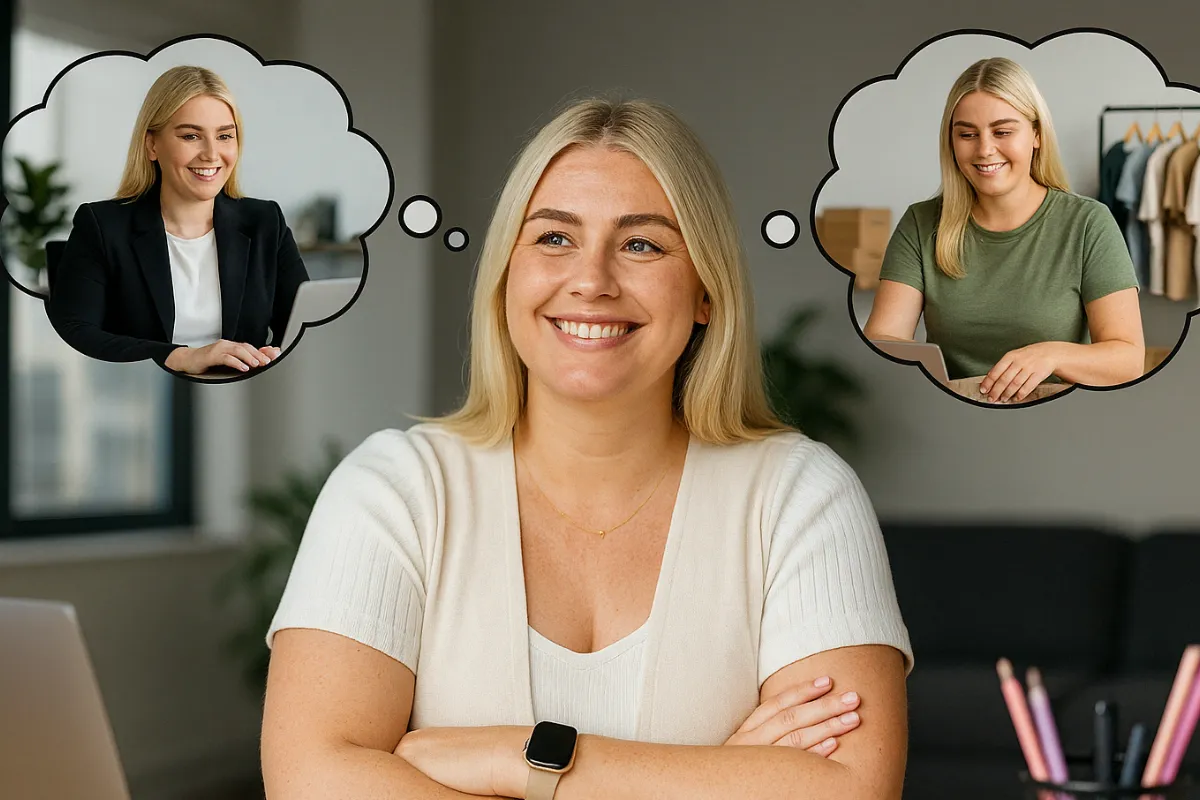 AI generated blog cover image showing a smiling woman imagining managing two different businesses. One thought bubble shows her in a professional setting, and the other shows her working in an e-commerce environment, symbolising business management and automation using Monday.com