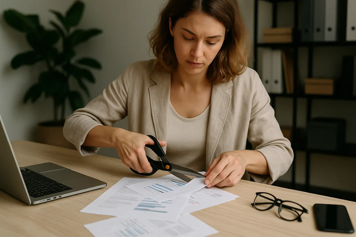 Businesswoman sitting at a desk cutting financial documents with scissors, representing cost-cutting, budget management, and making strategic business decisions to improve profitability.