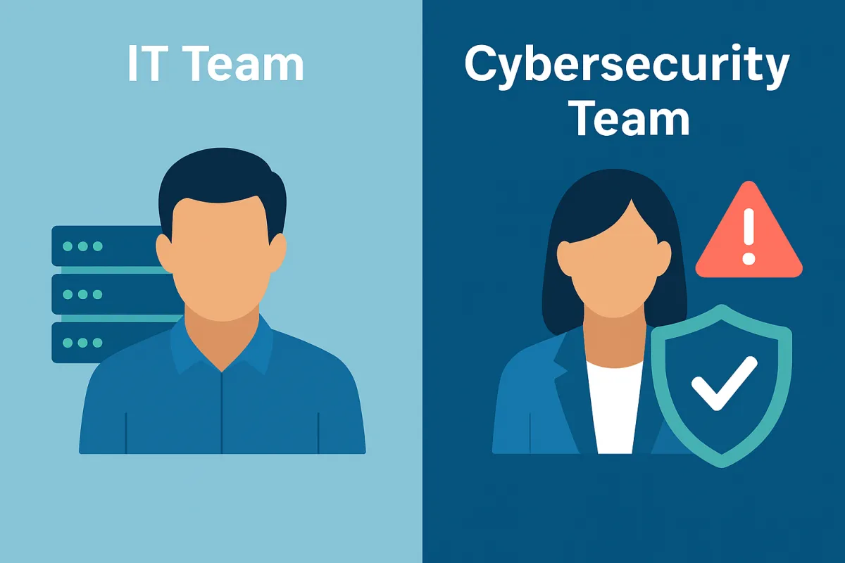 Side-by-side comparison of IT and cybersecurity roles in a business environment, highlighting their distinct focuses and responsibilities