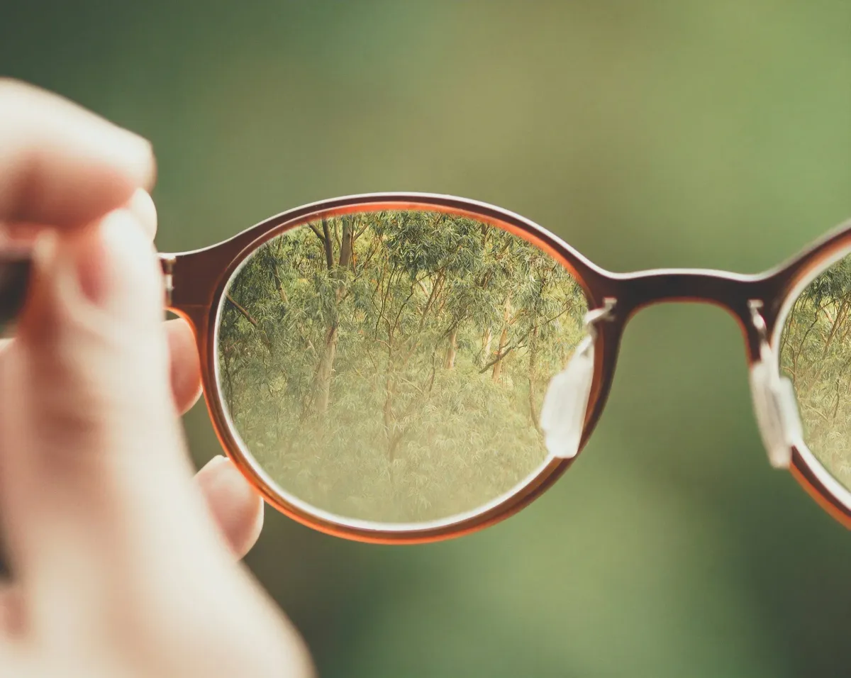 Reflection of a natural scene in eyeglasses, symbolizing clarity, trust, and transparency in Occupational Therapy for ADHD or Autism.