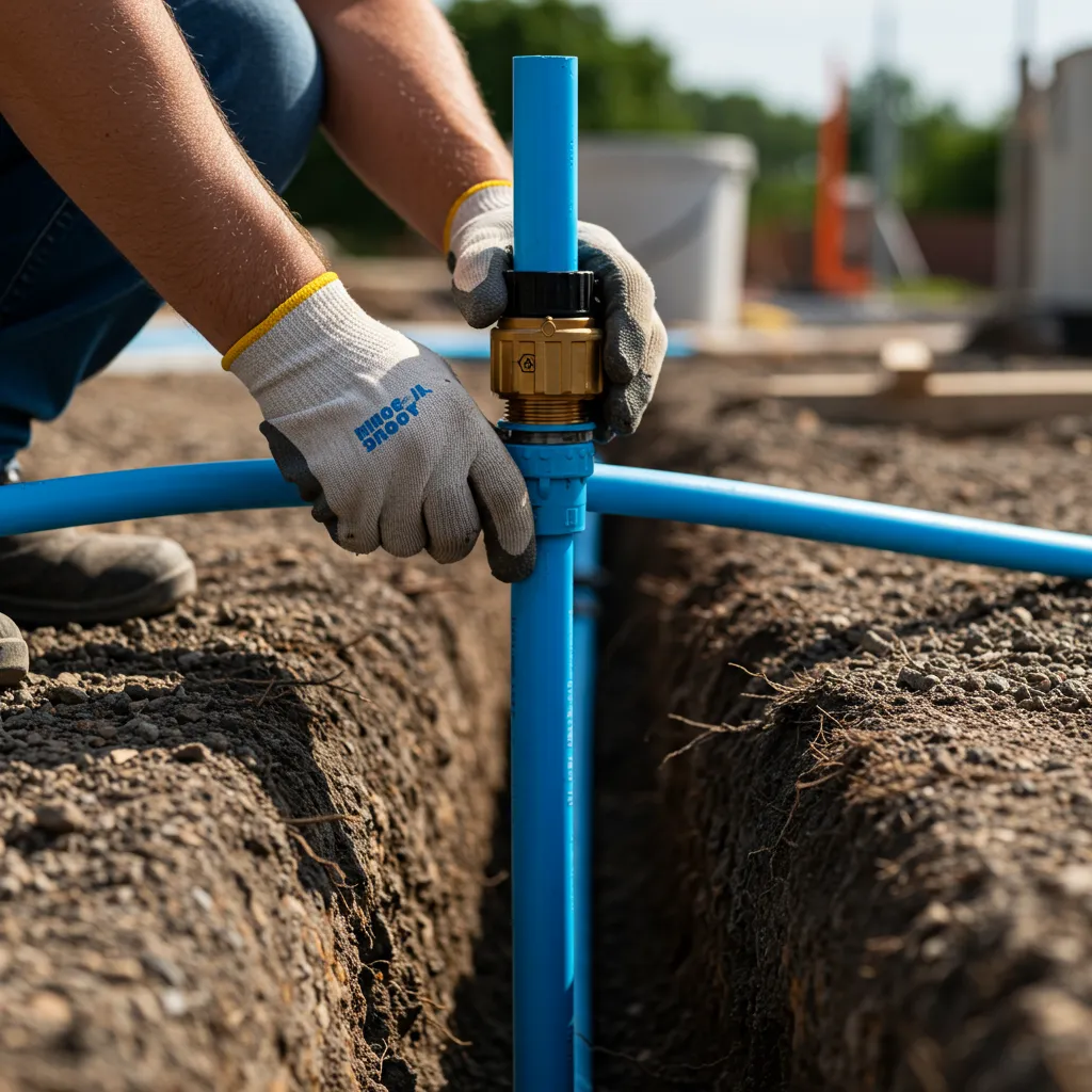 Engineer installing blue water pipe at a new build property site – Ardent Utilities.