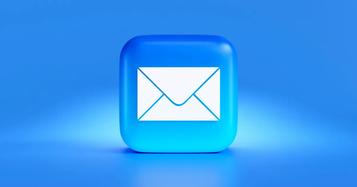 3D blue square icon with a white envelope symbol representing email and digital communication on a bright blue background.