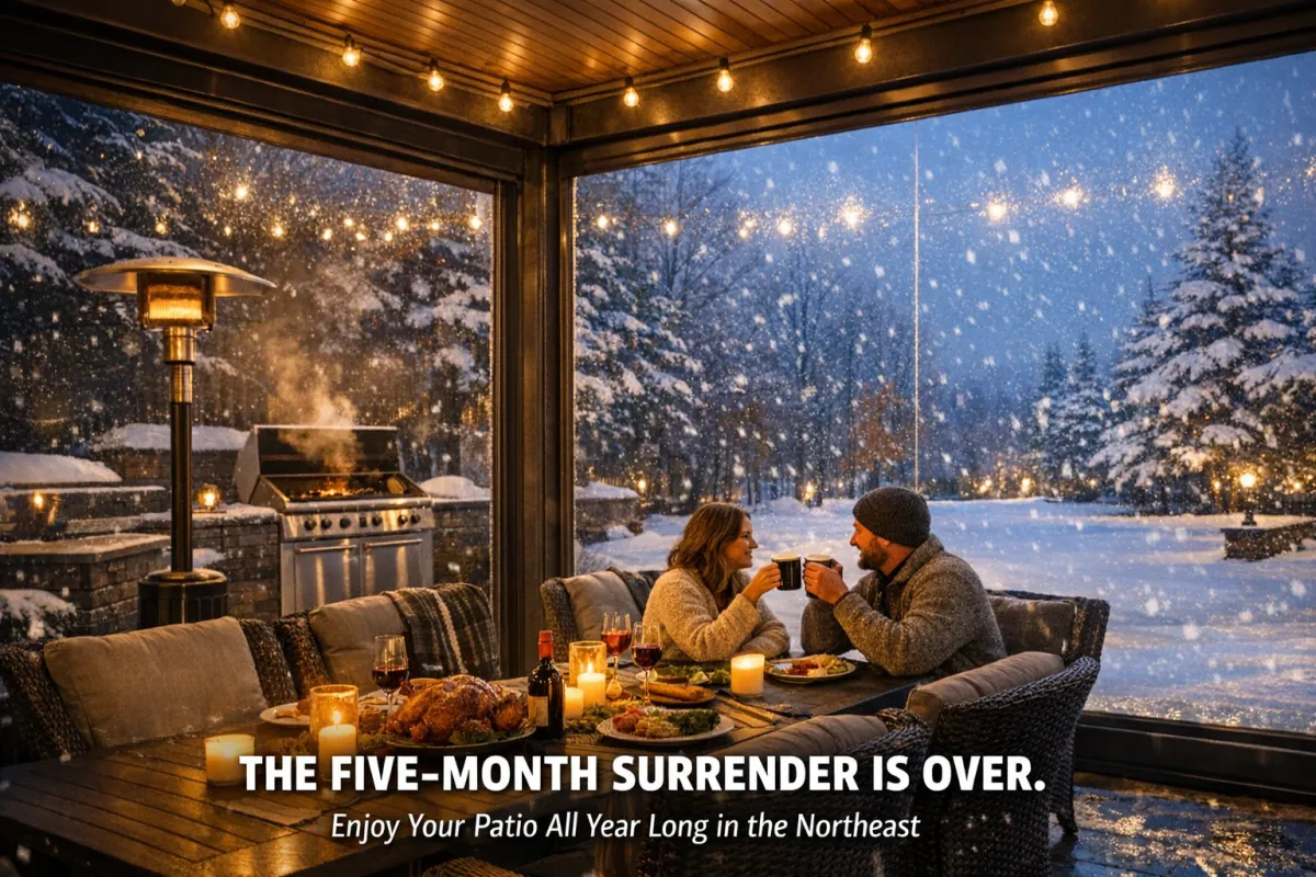 Winter patio in the Northeast sitting unused under snow, highlighting the five-month outdoor living surrender caused by cold weather and lack of patio enclosures.
