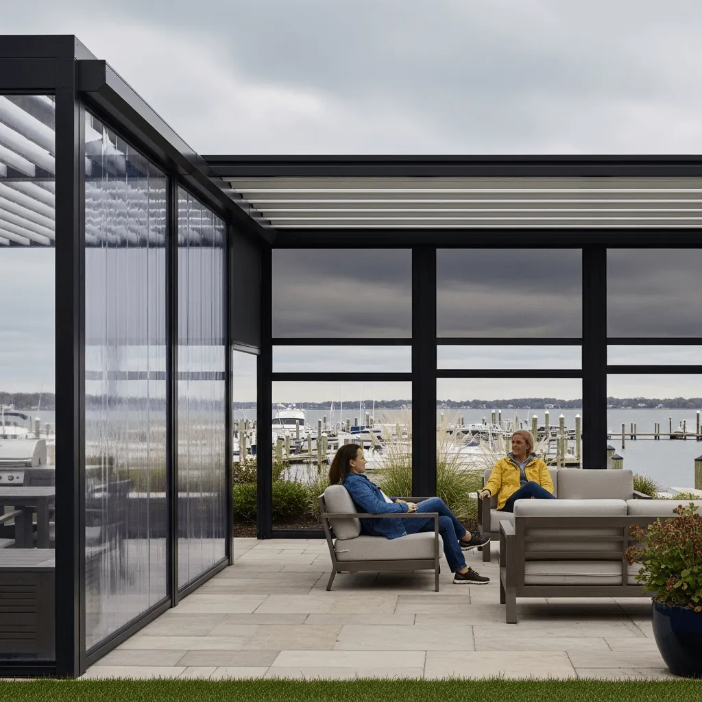 Motorized One-Track screens enclosing a Mid-Atlantic patio in Annapolis, combining clear vinyl and solar shades to protect against wind, humidity, and sudden weather changes.