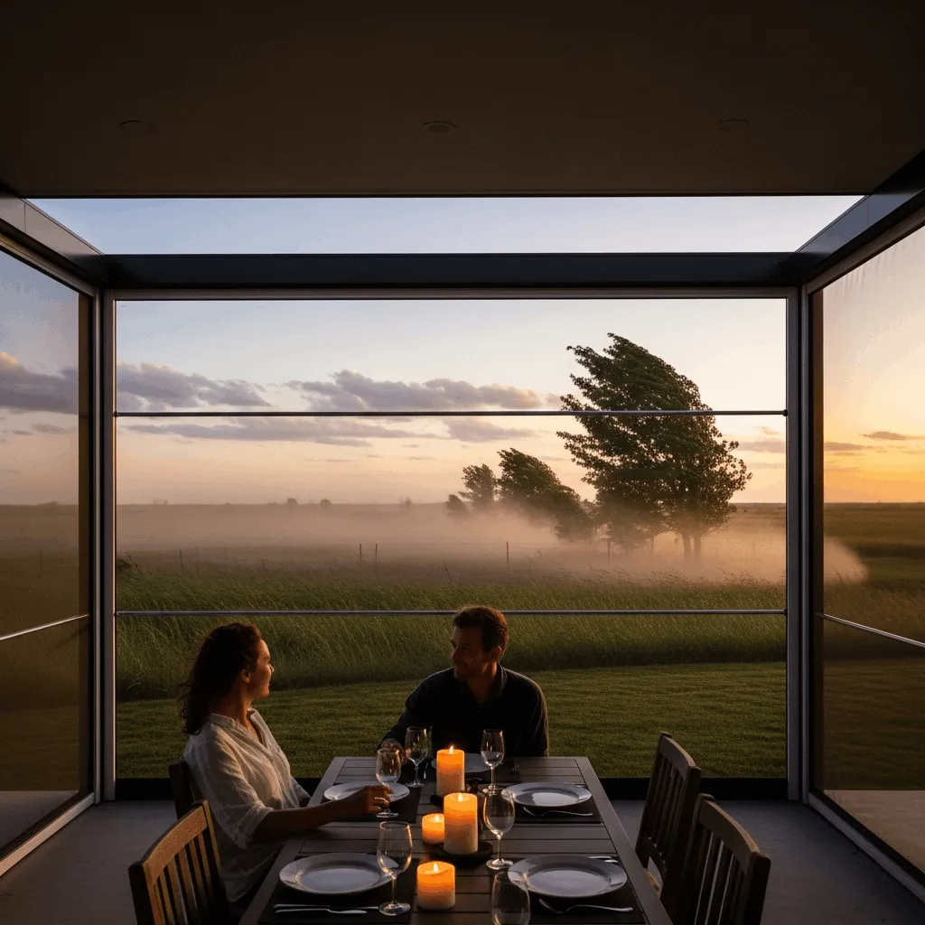 Couple having a candlelit dinner on a patio enclosed by OneTrack motorized screens with wind-bent trees and open prairie at sunset, demonstrating wind protection on the Great Plains