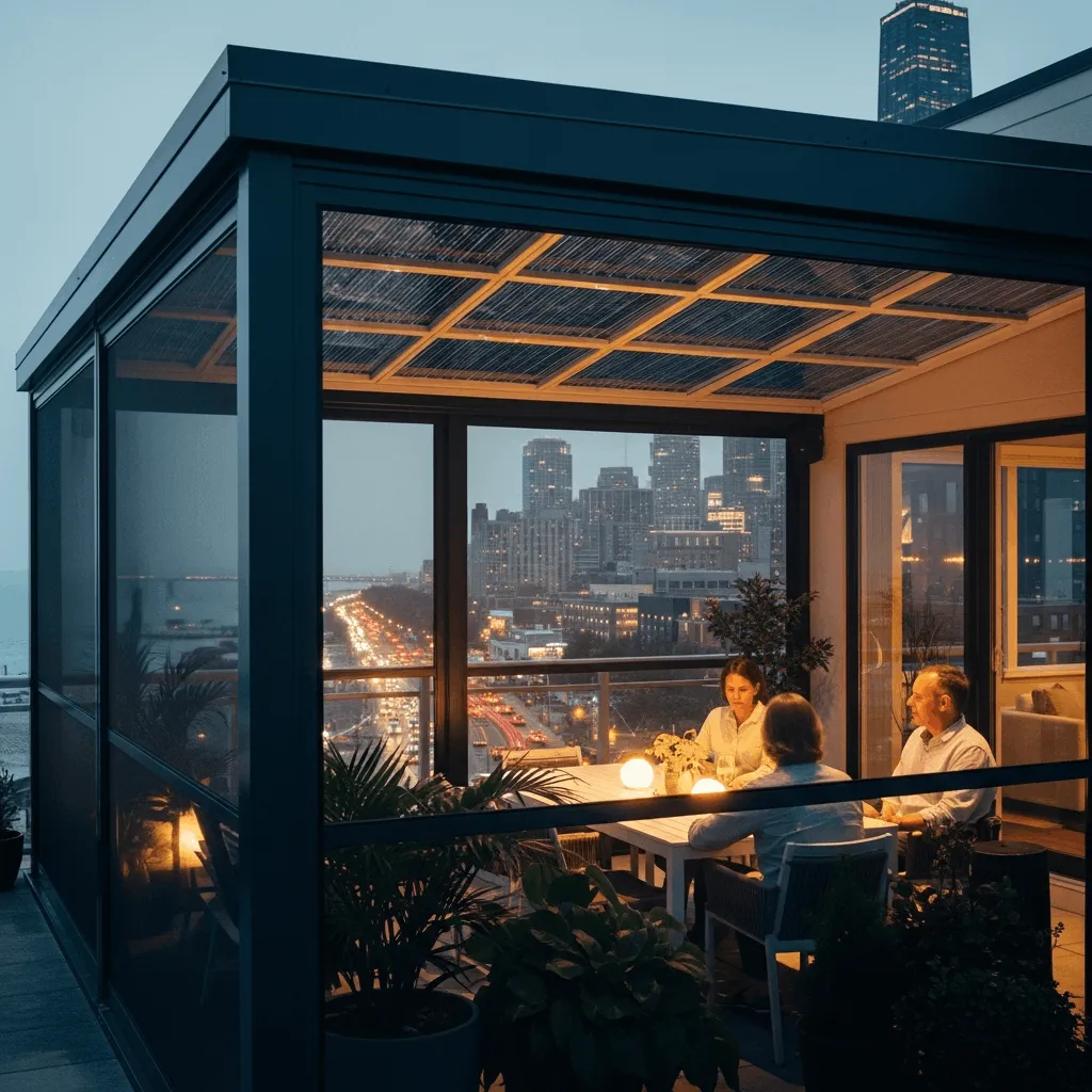 Family dining on a rooftop patio enclosed by OneTrack motorized screens with louvered pergola roof, city skyline and highway lights visible at dusk in an industrial Midwest setting