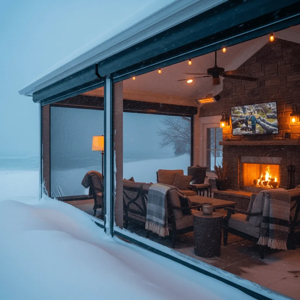 Clear vinyl One-Track patio screens creating a warm, wind-protected outdoor space during lake-effect snow in the Upper Midwest.