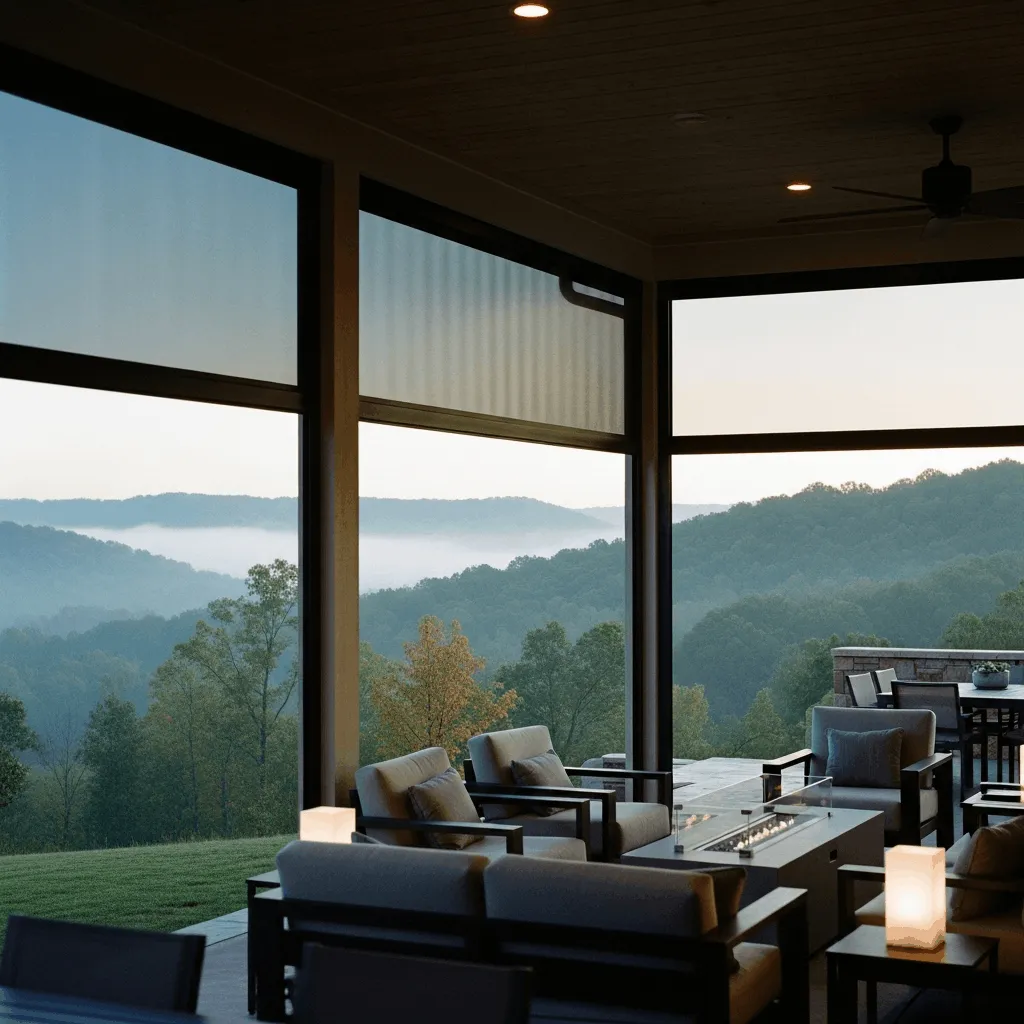 Motorized One-Track patio screens controlling humidity, insects, and temperature on a Mid-South mountain patio overlooking the Ozarks.