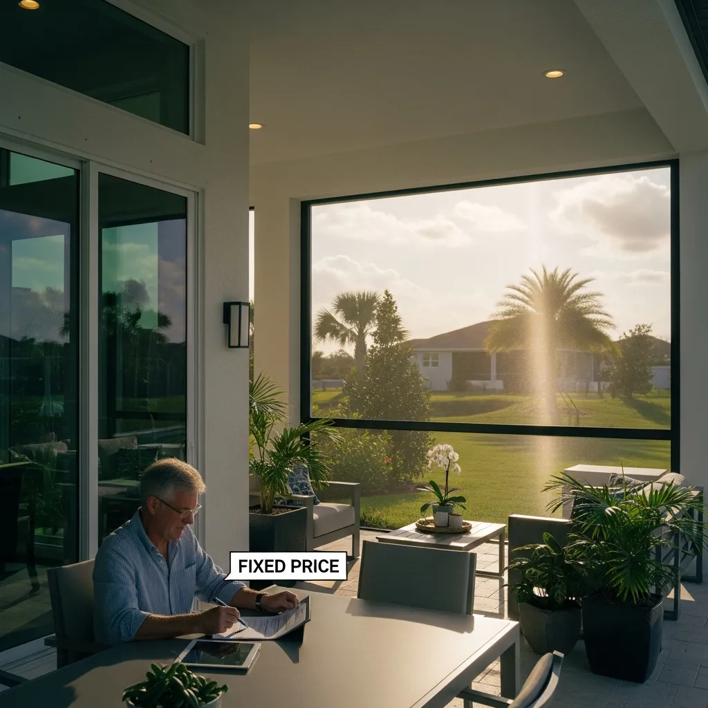 A homeowner and dealer reviewing a fixed-price quote for a motorized screen system during the winter.