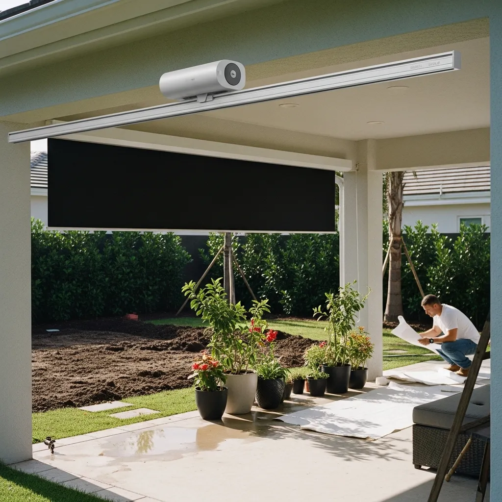 A homeowner clearing debris from a stone patio in late winter to prepare for a motorized screen installation.