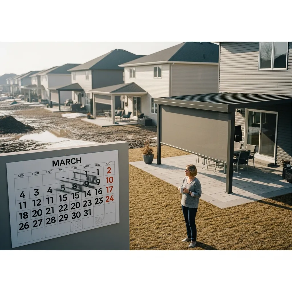 "A luxury patio with motorized screens being installed during the busy spring season."