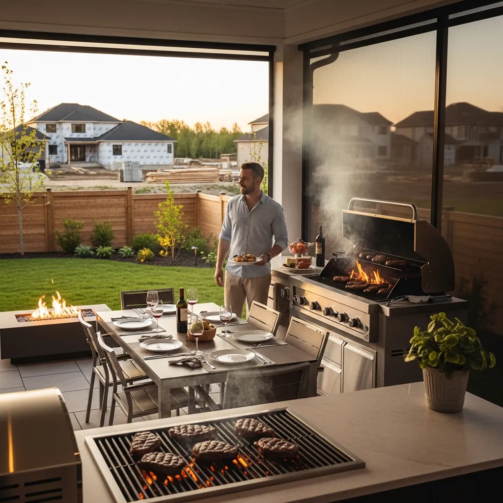 A happy family hosting a BBQ on a luxury patio with One-Track motorized screens deployed.