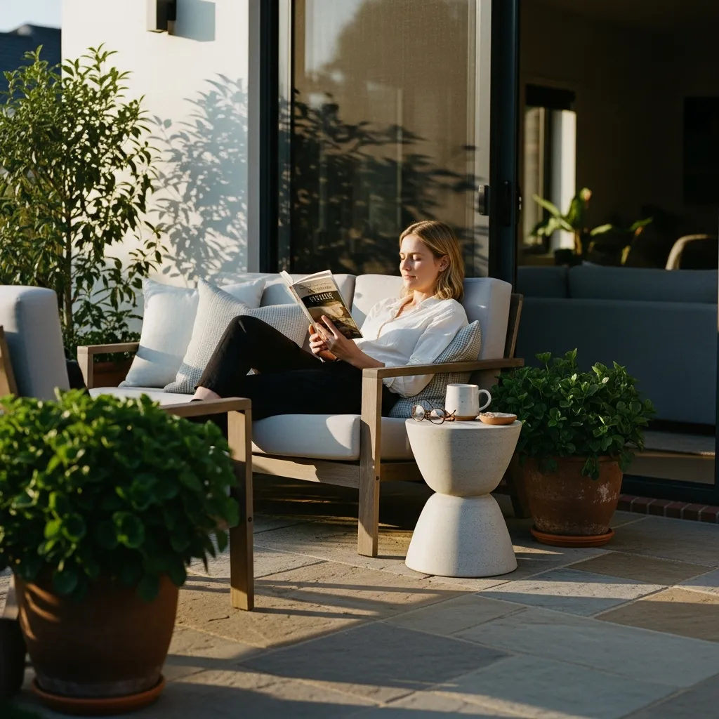 A homeowner relaxing on a finished patio with a book, showing the mental peace of a completed home project.
