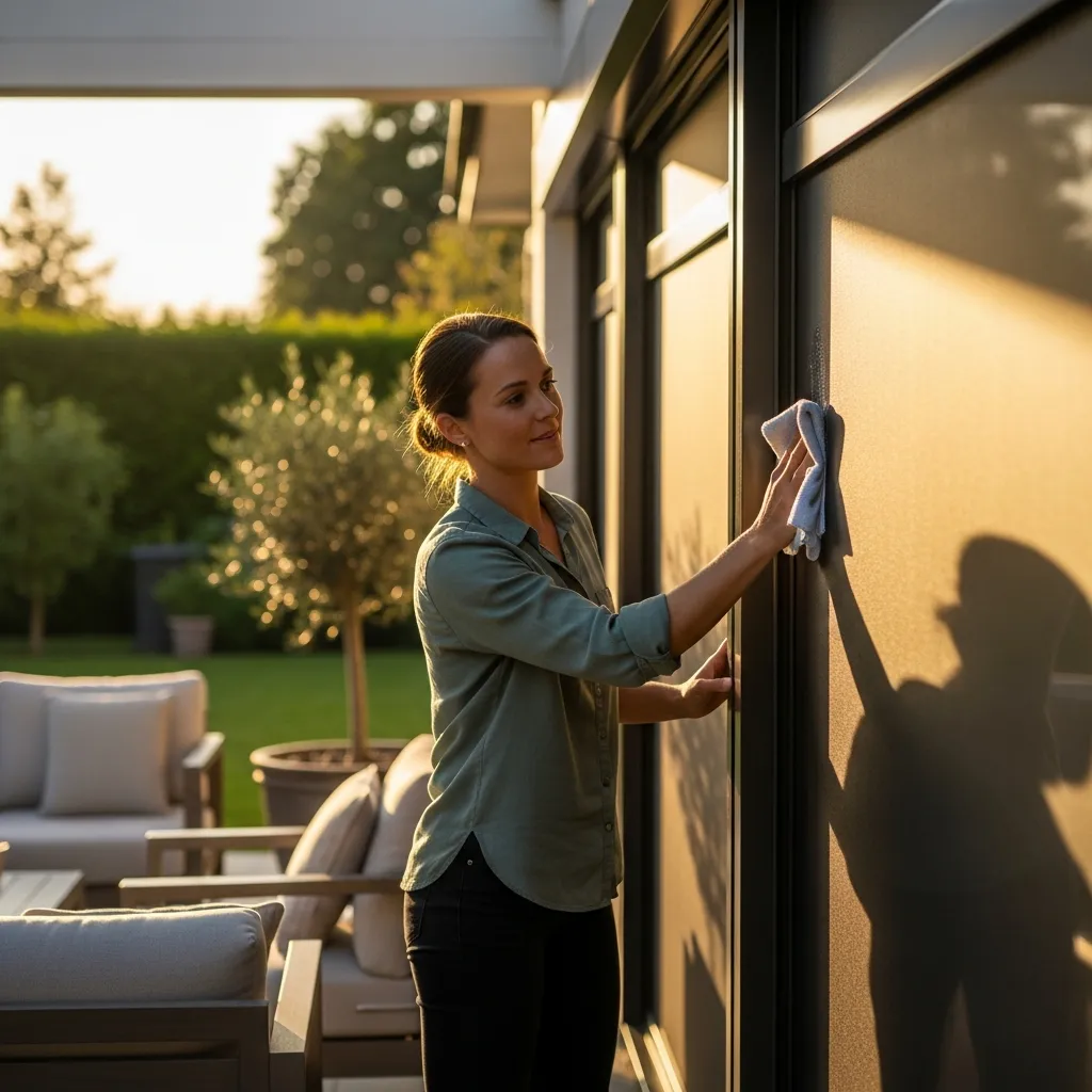 A homeowner cleaning a patio space where new motorized screens have just been installed.