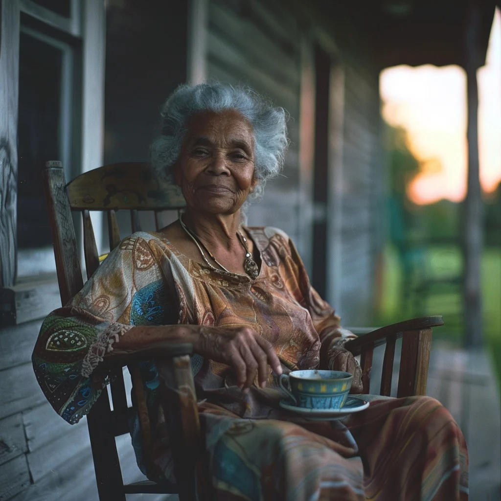 Elderly Black woman with silver hair sitting on a porch at sunset, wearing a patterned dress and holding a teacup.