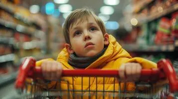 Little boy in grocery cart looking wistful