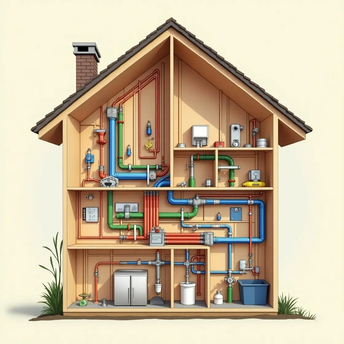 Cutaway diagram of a home showing water supply lines, drain pipes, and plumbing fixtures throughout a Huntersville house. Educational illustration for homeowners learning about their plumbing system components.