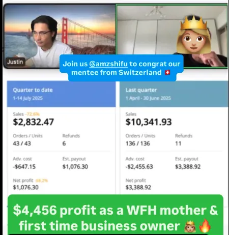 Successful Amazon FBA student testimonial showing beginner progress with limited budget