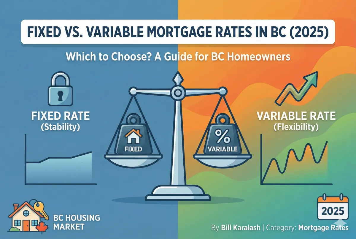 Fixed vs variable mortgage rates comparison graphic showing rate percentages Bill Karalash, Vancouver Mortgages. 