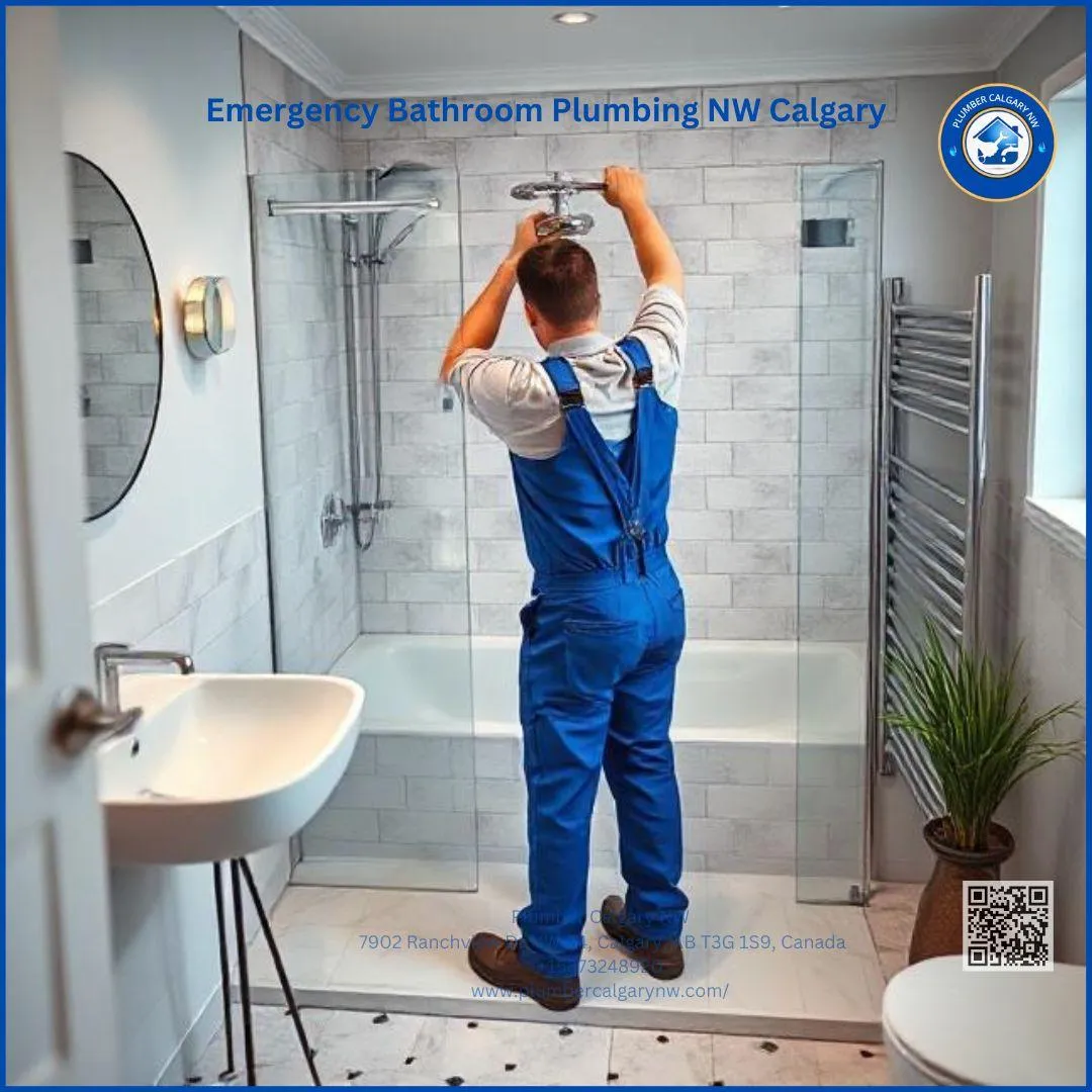 Emergency bathroom plumbing service team fixing burst pipes in a NW Calgary home.