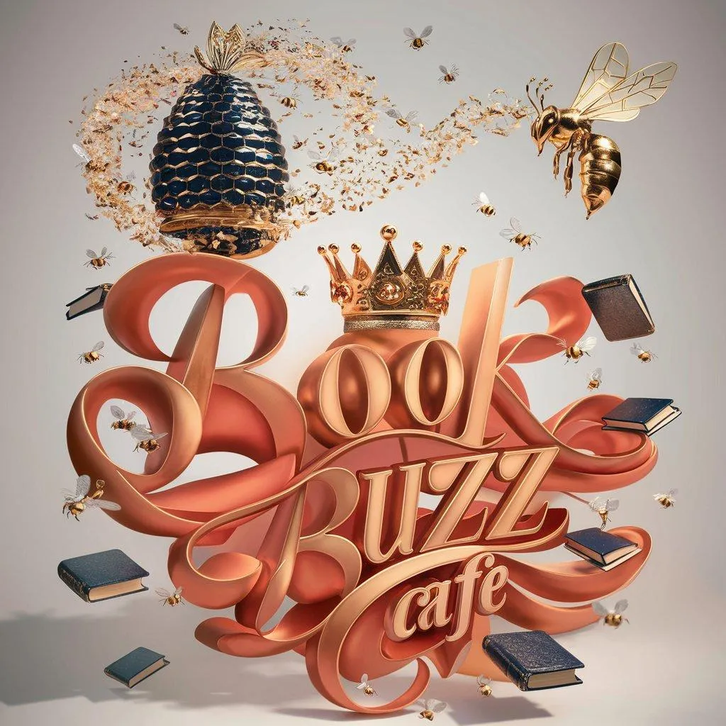 Book Buzz Cafe, beehive, golden bee, metallic blue books