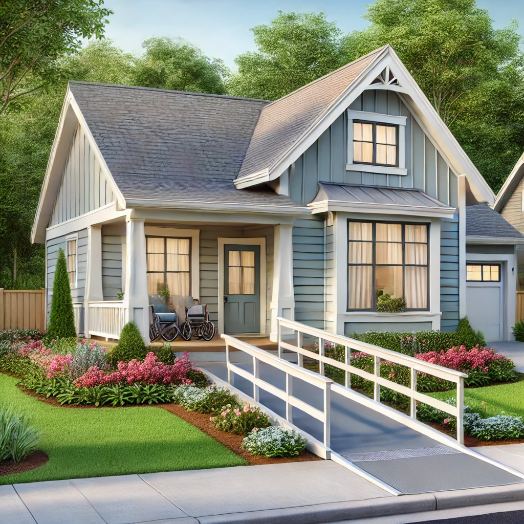 Single-story home with an accessibility ramp, flat pathway, flowered yard, and cozy porch in a quiet neighborhood.