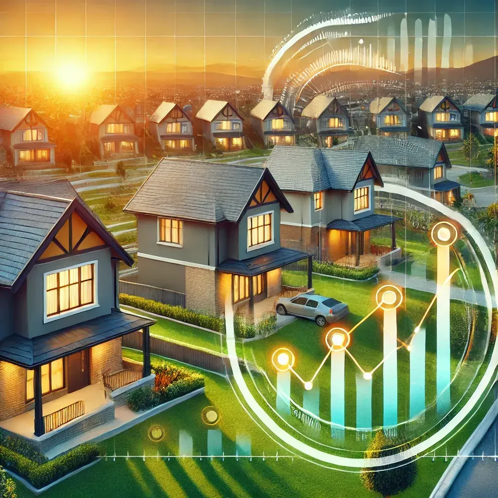 Serene residential neighborhood at sunset with modern houses and lush green lawns, symbolizing stability and growth in the housing market. Bold title overlay reads 'Housing Market Insights' in white and gold accents, conveying professionalism and relevance to real estate topics.