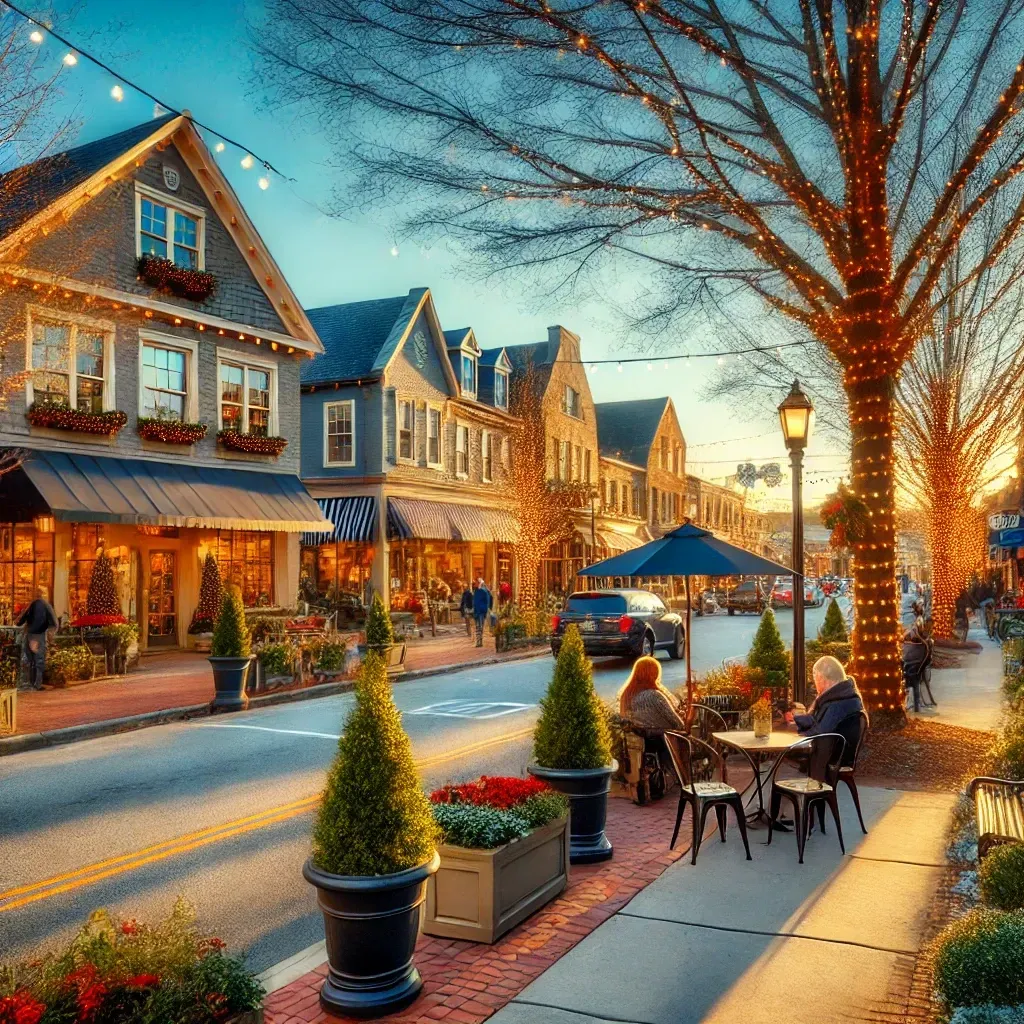 Charming downtown Acworth, Georgia, during winter, featuring cozy shops and cafes with warm lighting, tree-lined streets, and a vibrant community enjoying the inviting atmosphere under clear blue skies.